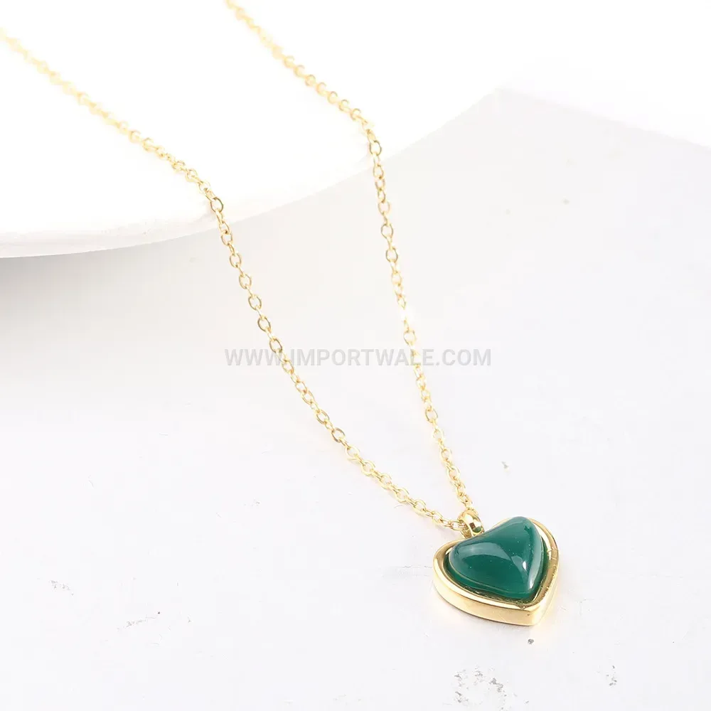 Stainless Steel Heart Agate Stone Pendant Necklace