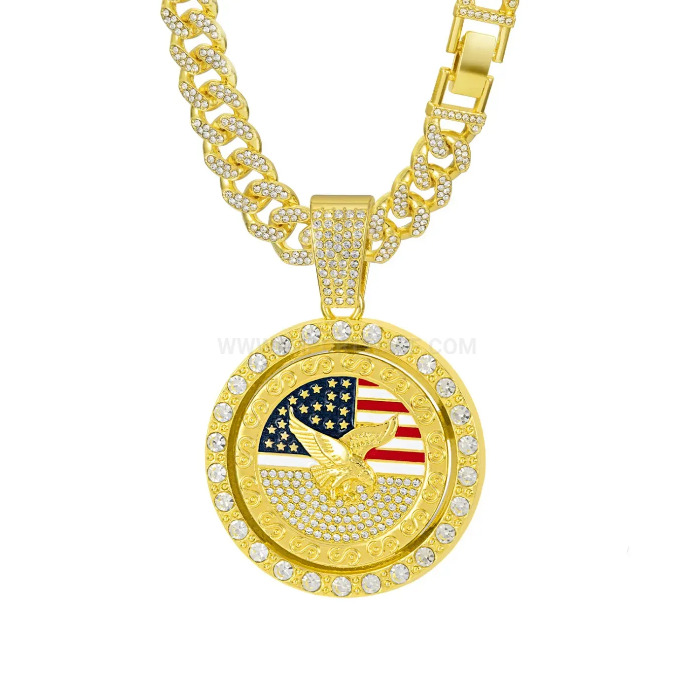 Classic Spinning American Bald Eagle Flag Cuban Pendant Necklace