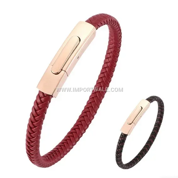 Braided Leather Bracelet with Plated Stainless Steel Snap Clasp