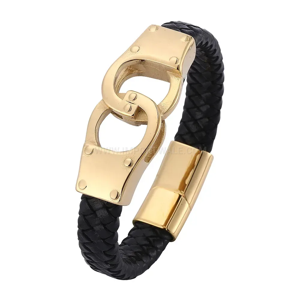 Gold Plated Stainless Steel Cuff Accent Braided Leather Men Bracelet