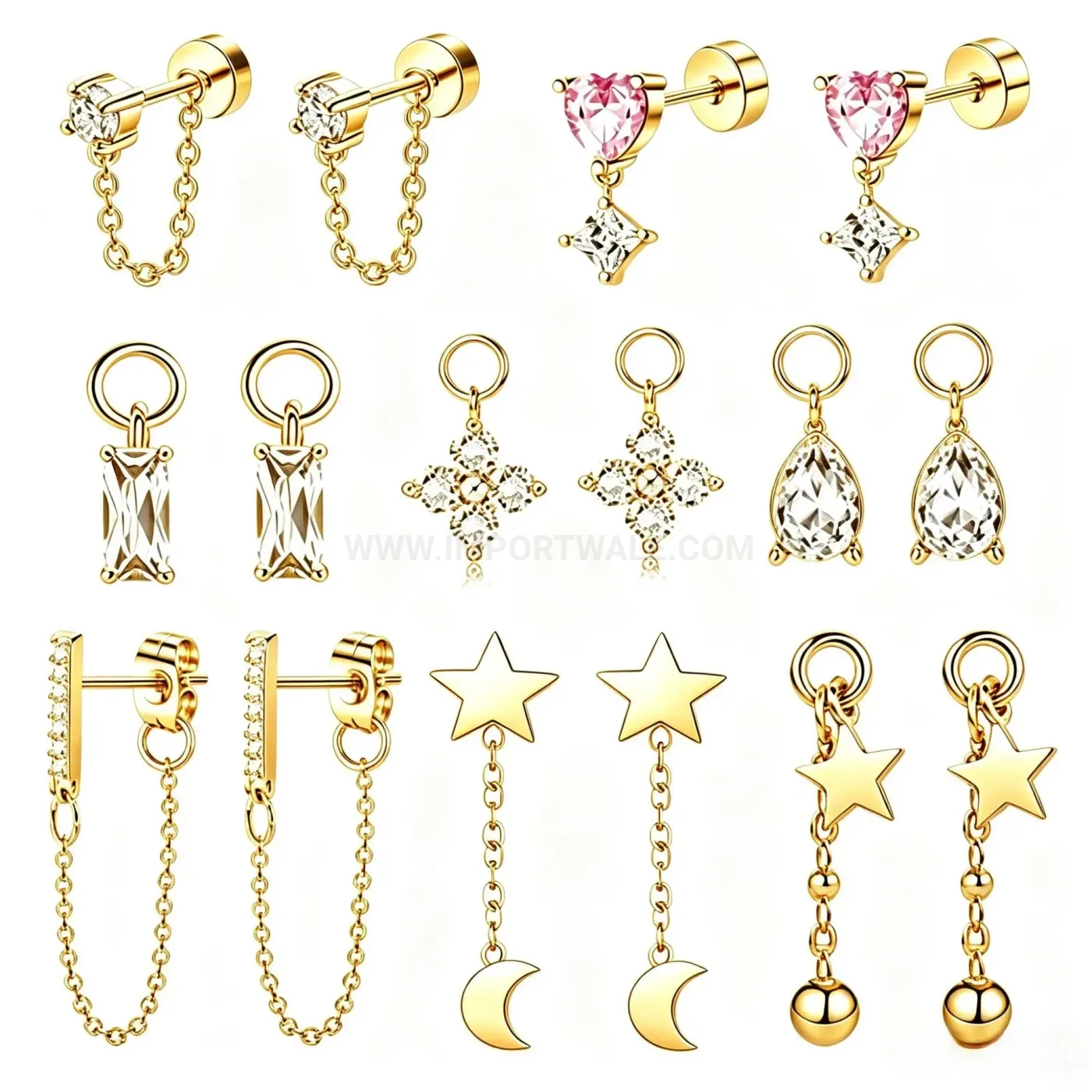 Modern Delicate Stainless Steel Long Chain Dangle Cartilage Piercing Studs