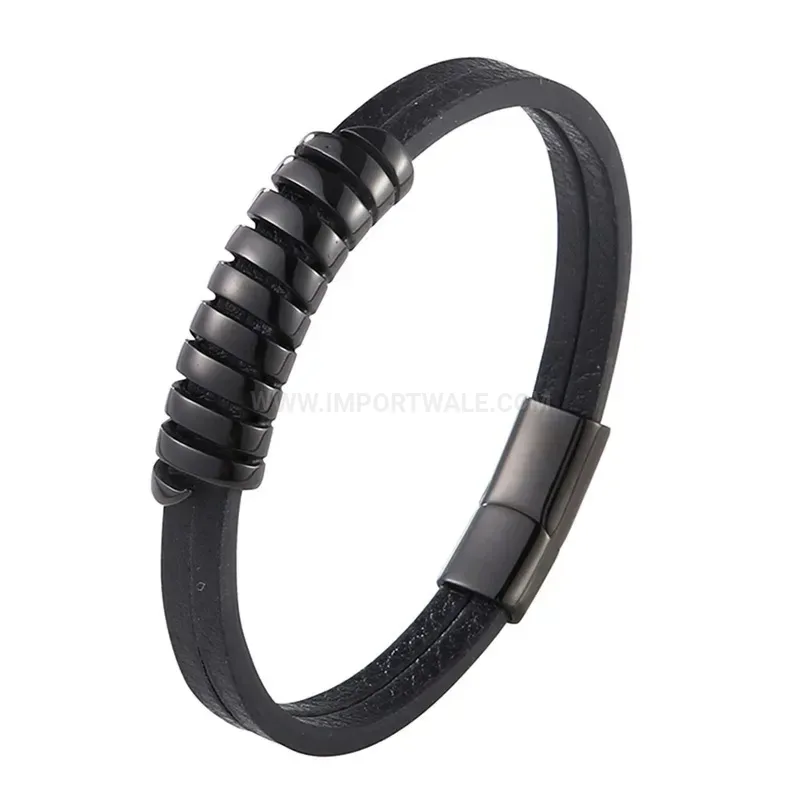 Minimalist Black Leather Bracelet with Stainless Steel Magnetic Clasp