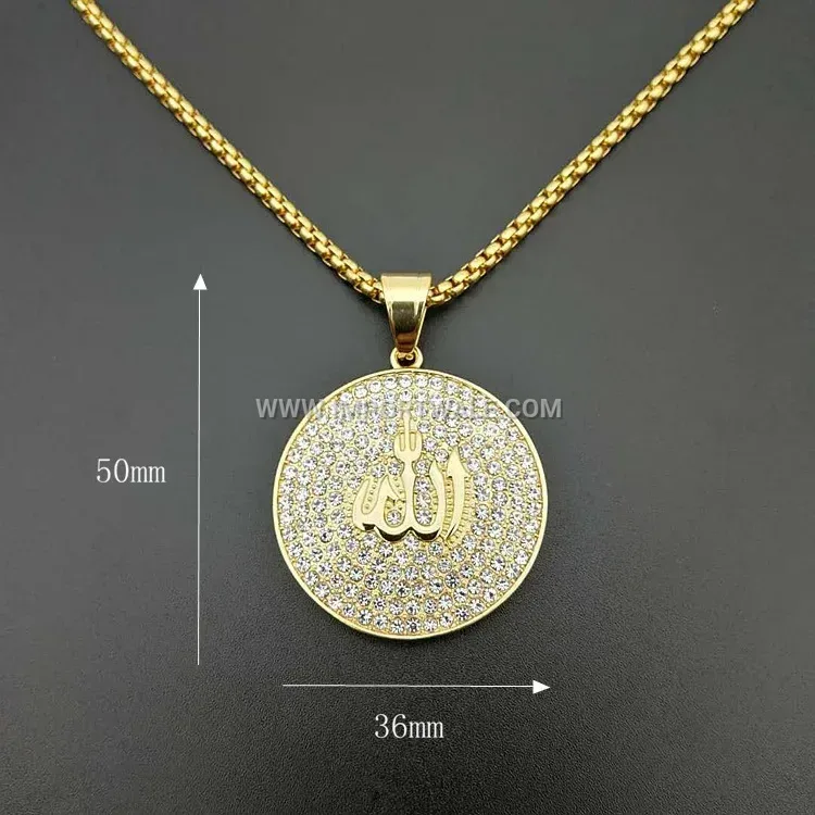 Gold Plated Stainless Steel Coin Pendant Moissanite Islamic Medal Necklace