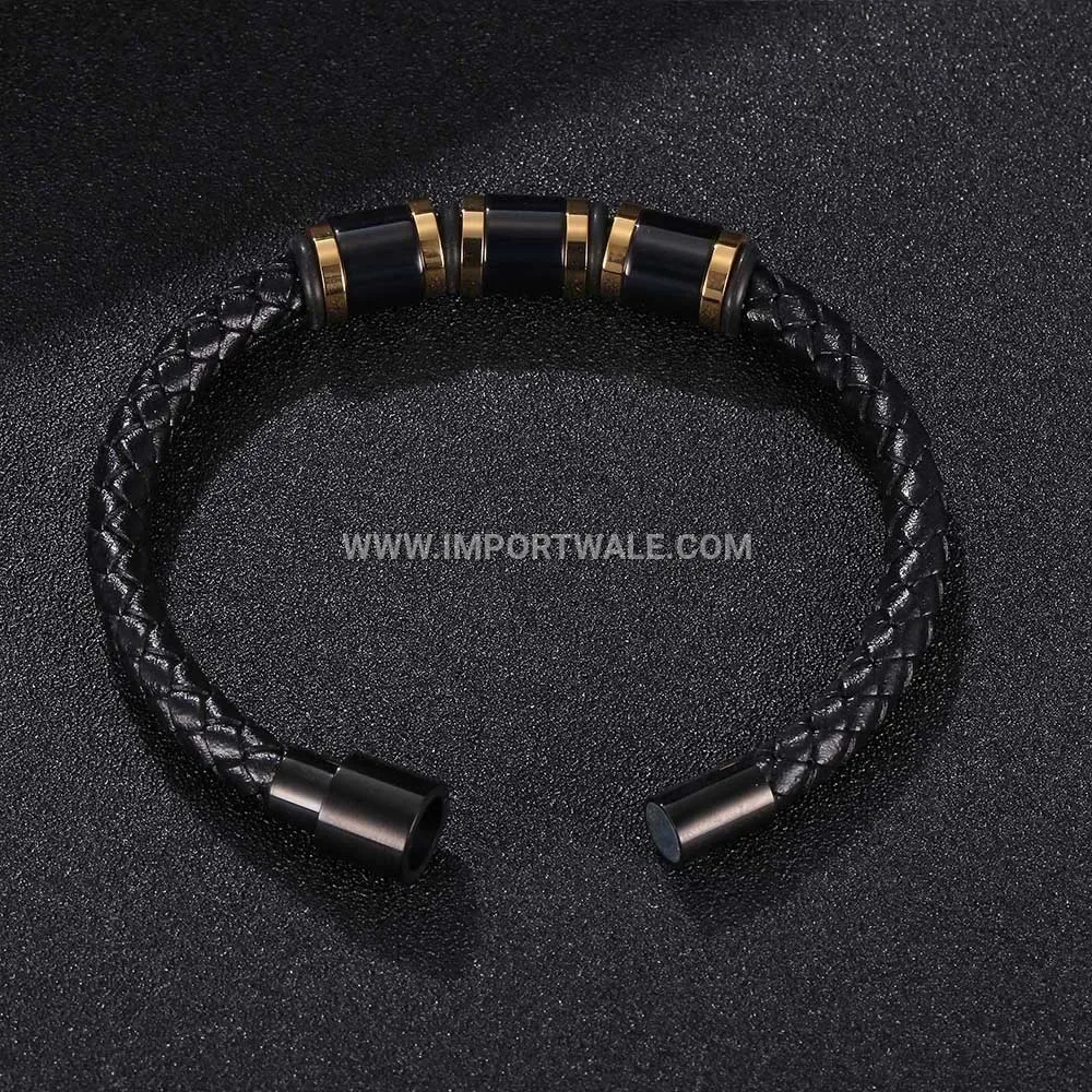 Geometric Stainless Steel and Leather Strap Wristband Bracelet