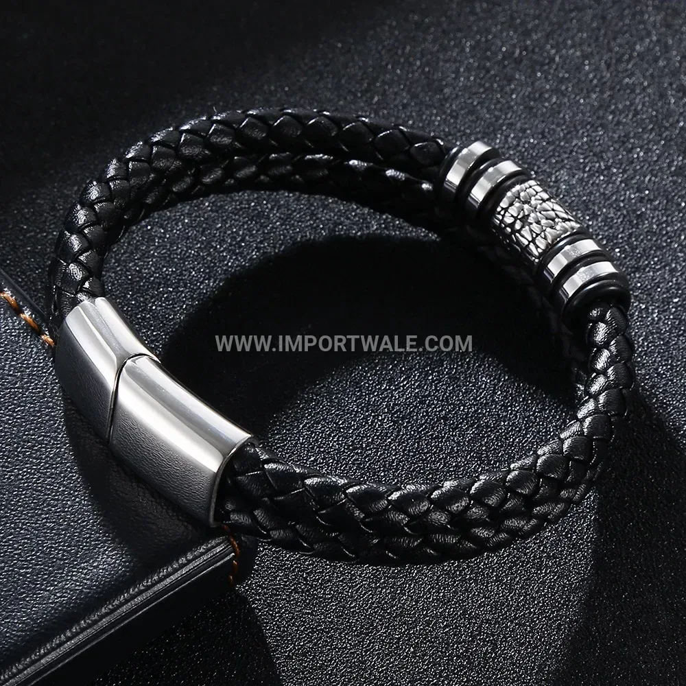 Double-Wrap Braided Leather Stainless Steel Bracelet with Magnetic Clasp