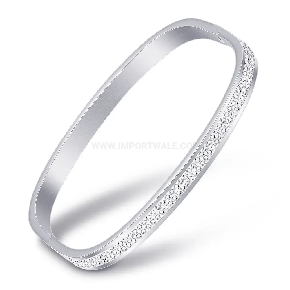 Trendy Double Row Rhinestone Open Cuff Stainless Steel Bangle