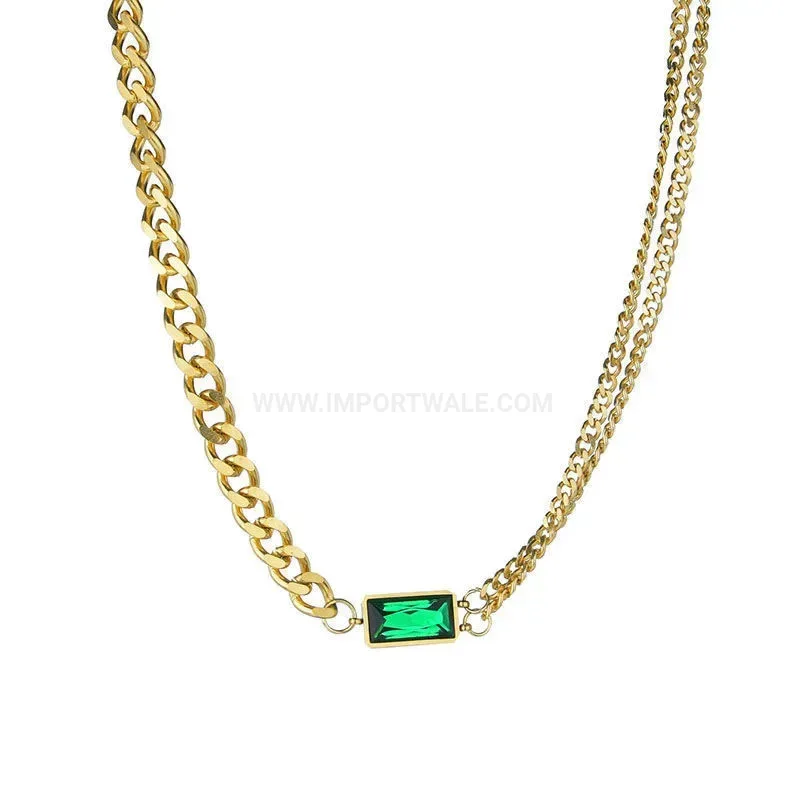 Vintage Titanium Steel Emerald Zircon Geometric Choker Necklace