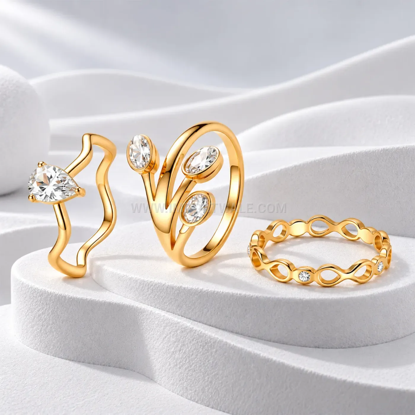 Wavy Cutout Gold Plated Stainless Steel Cubic Zirconia Ring Set
