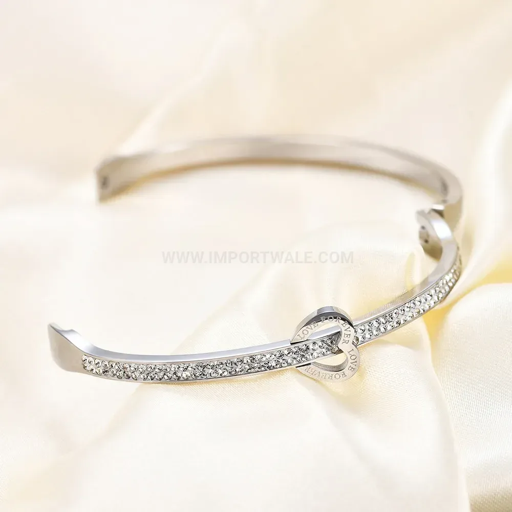 Modern Double Row Rhinestone Heart Open Cuff Bracelet