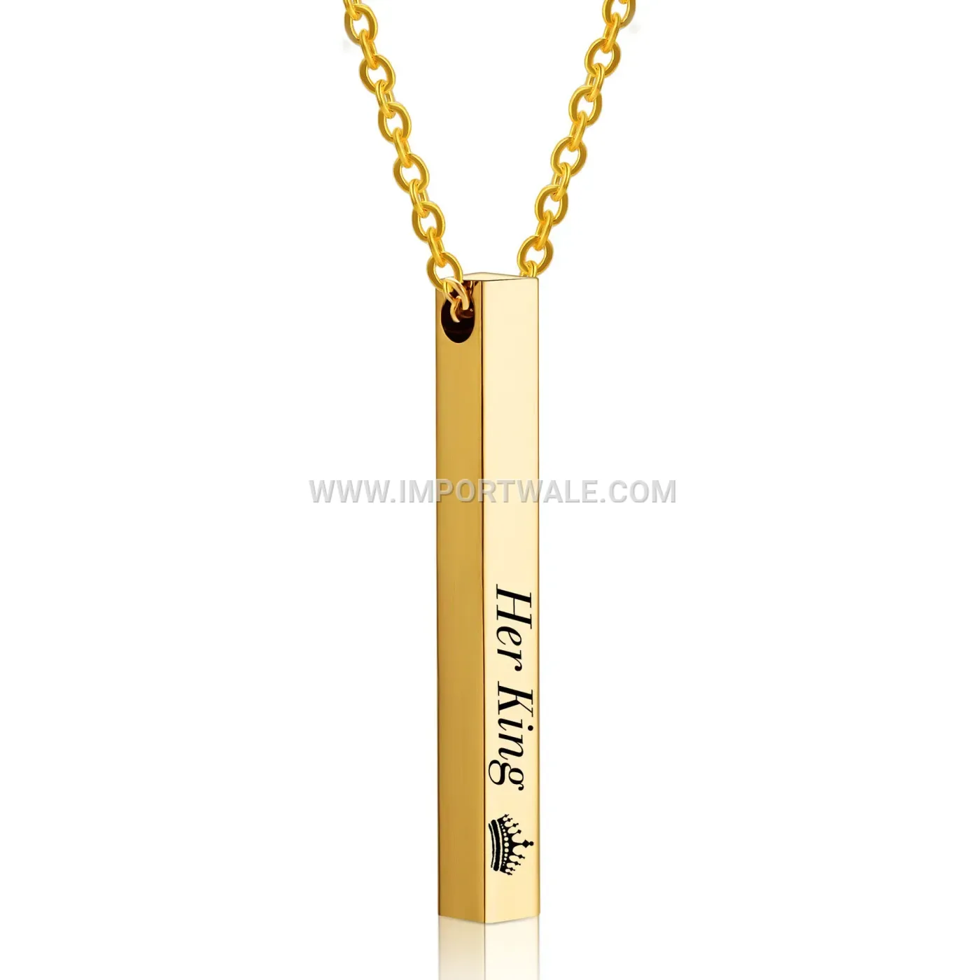 Crown Engraved Vertical Bar Pendant Stainless Steel Pendant Necklace