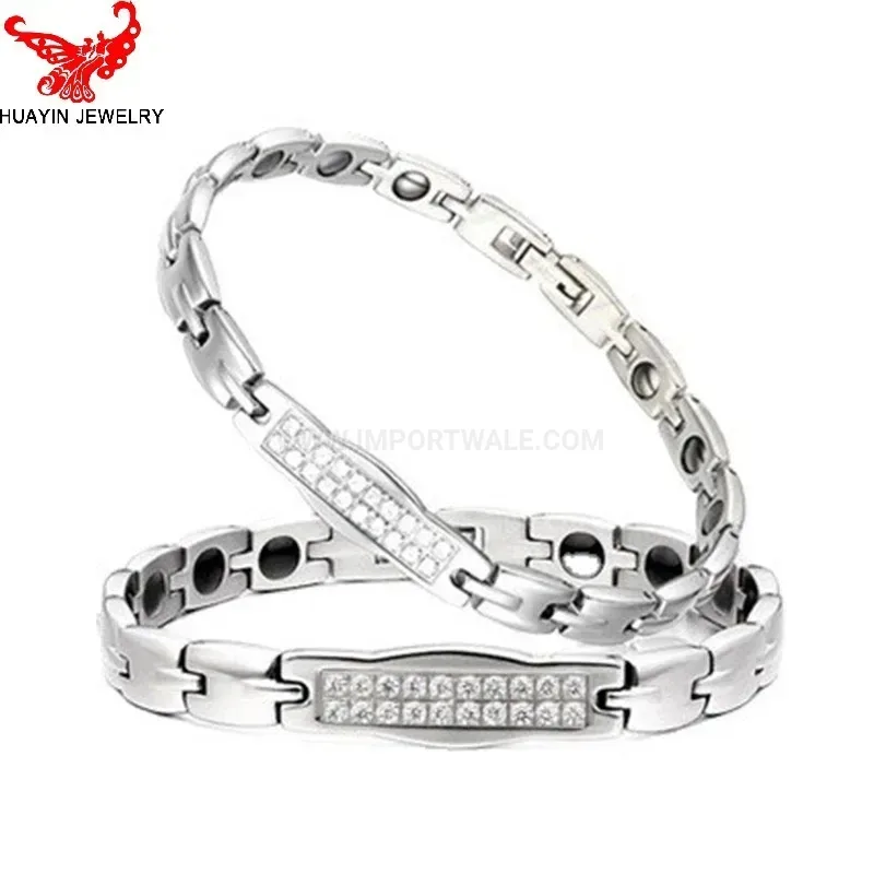 Trendy Double-Row Crystal Titanium Steel Bio Magnetic Couple Bracelet