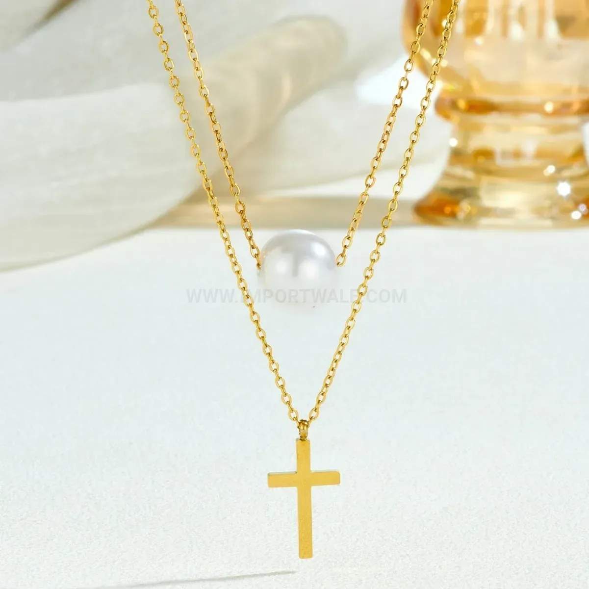 Designer Gold Stainless Steel Layered Cross and Pearl Pendant Necklace