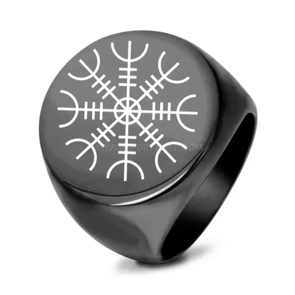 Modern Laser Engraved Symmetrical Rune Motif Vintage Steel Ring
