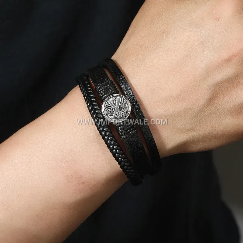 Layered Braided Leather Magnetic Cuff Bracelet for Men