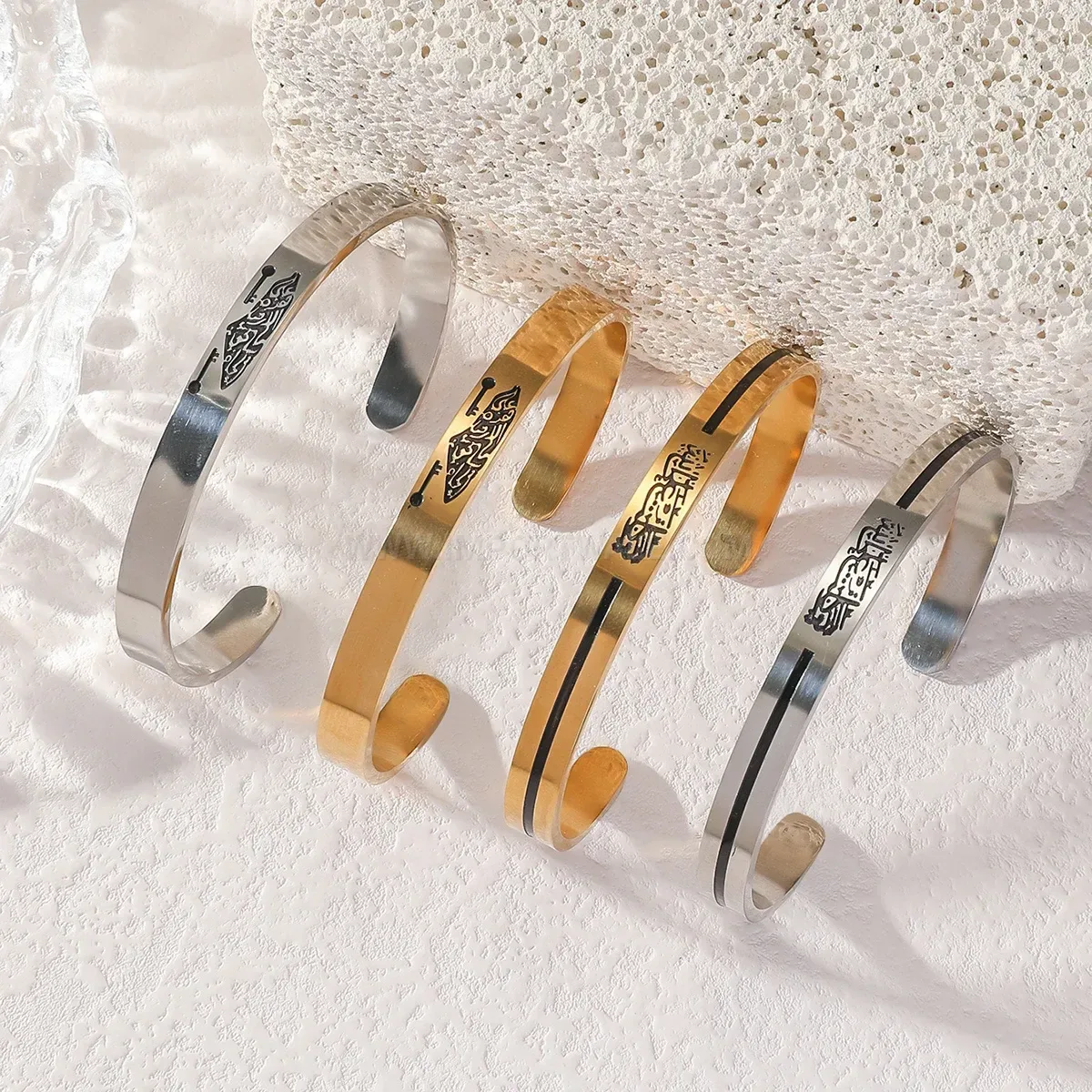 Stainless Steel Arabic Map Calligraphy Open Cuff Bracelet