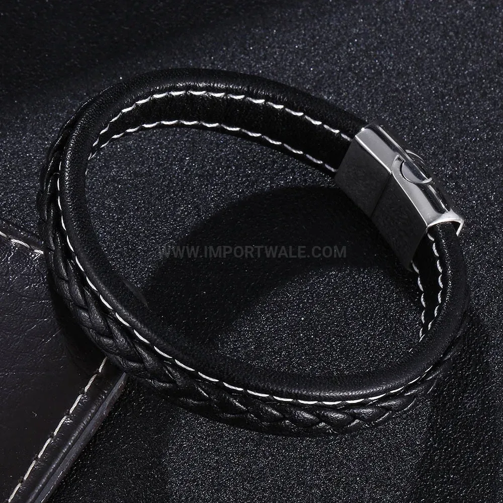 Textured Leather Bangle with Steel Magnetic Suction Clasp