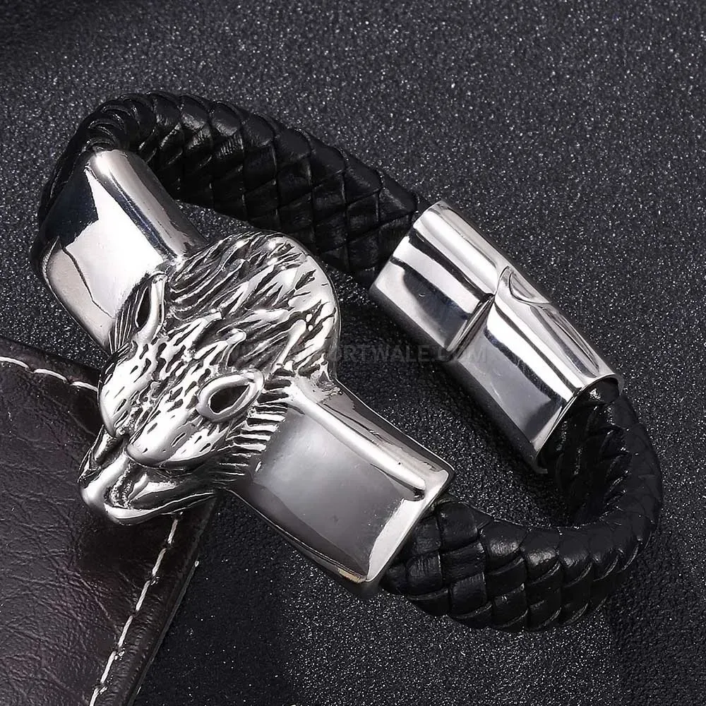 Punk Lion Stainless Steel Braided Leather Magnetic Bracelet