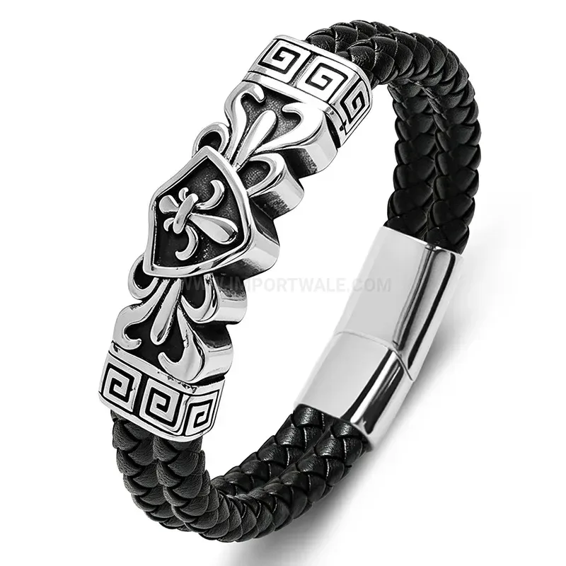 Modern Engraved Stainless Steel Dual-Tone Leather Men's Bracelet
