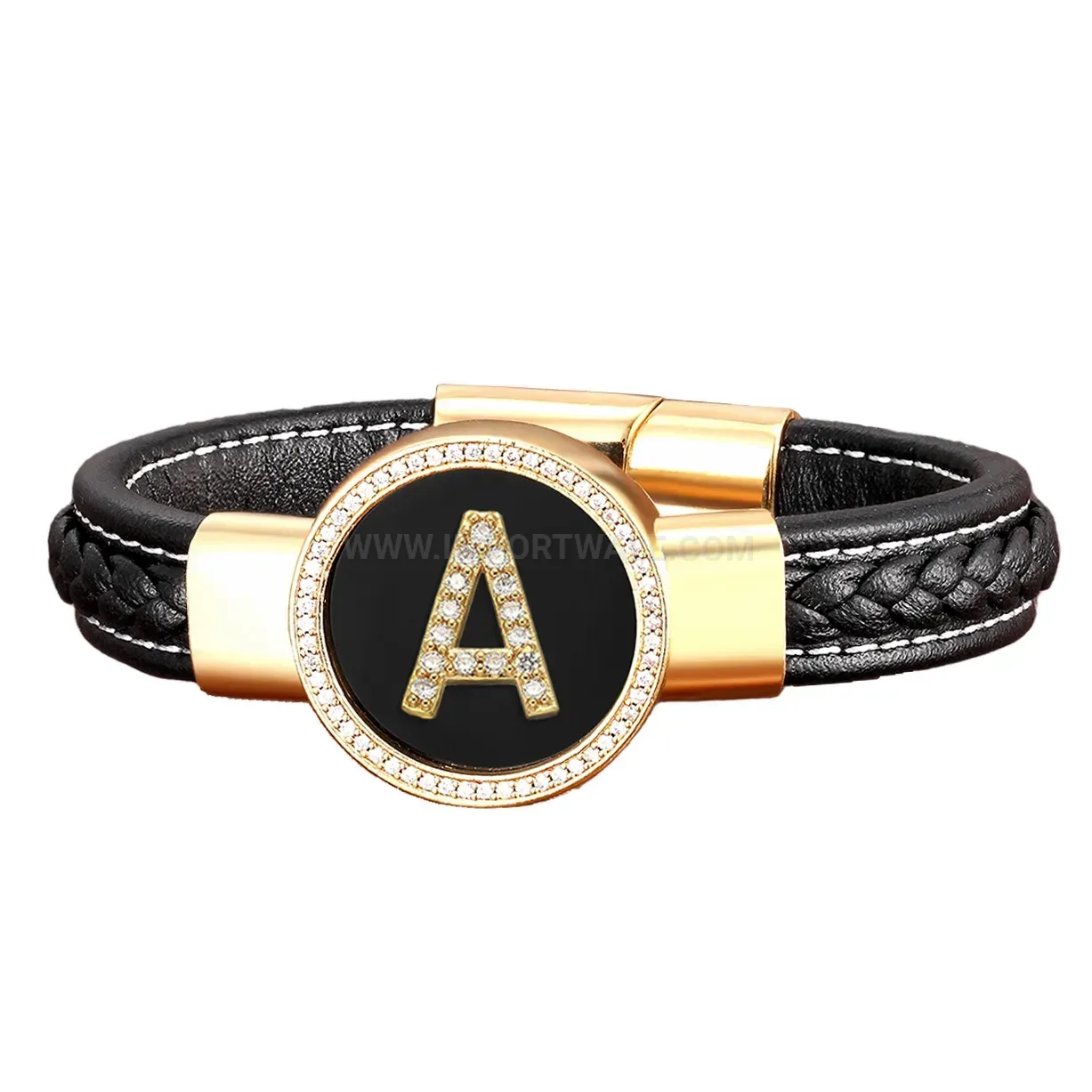 Braided Leather Stone Bracelet with Metal Letter Accent and Magnetic Clasp