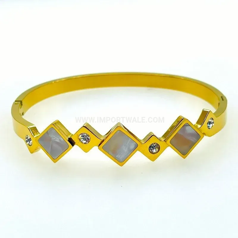 Elegant Geometric Mother of Pearl Rhinestone Titanium Steel Bangle