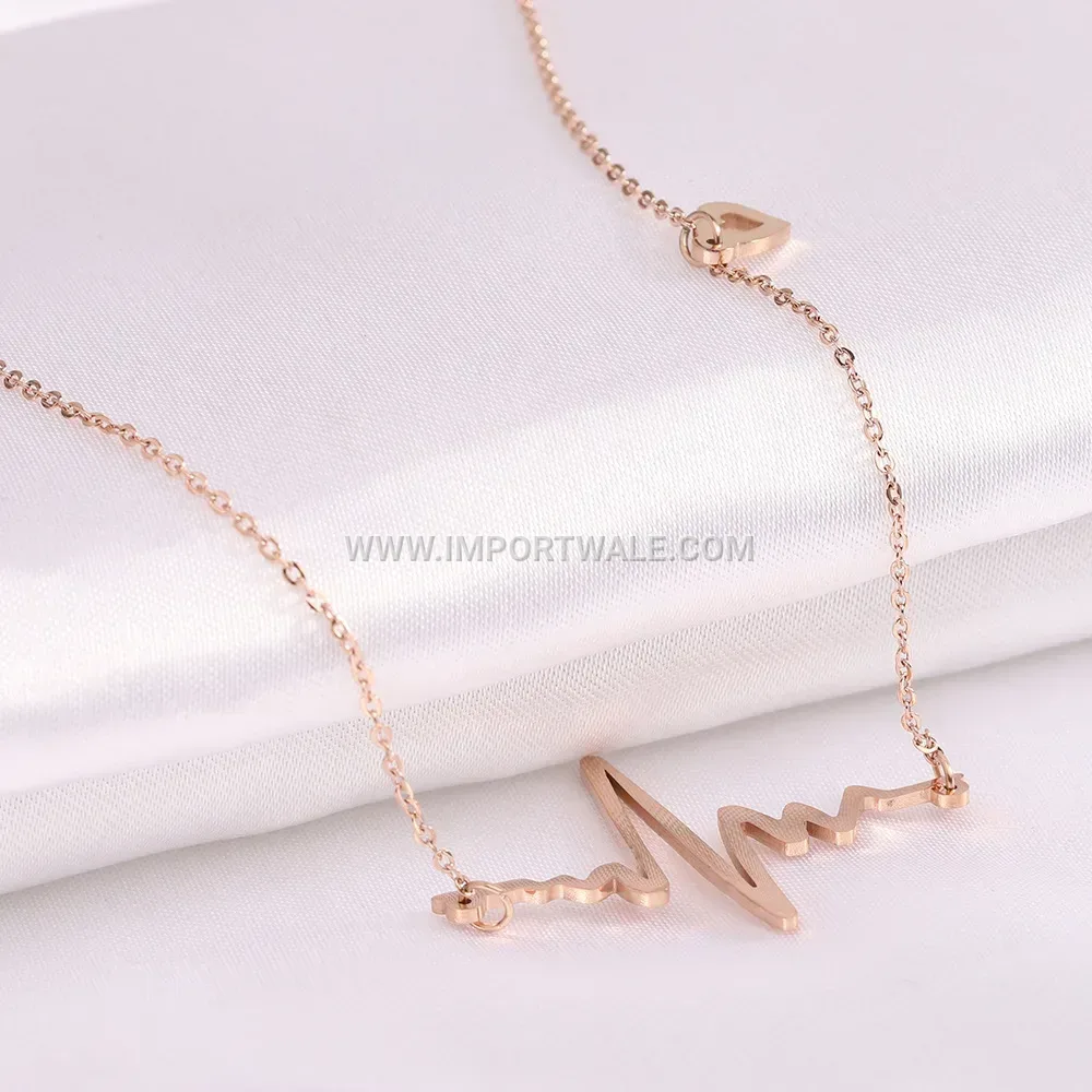 Gold Plated Stainless Steel Heartbeat EKG Line Minimalist Clavicle Necklace