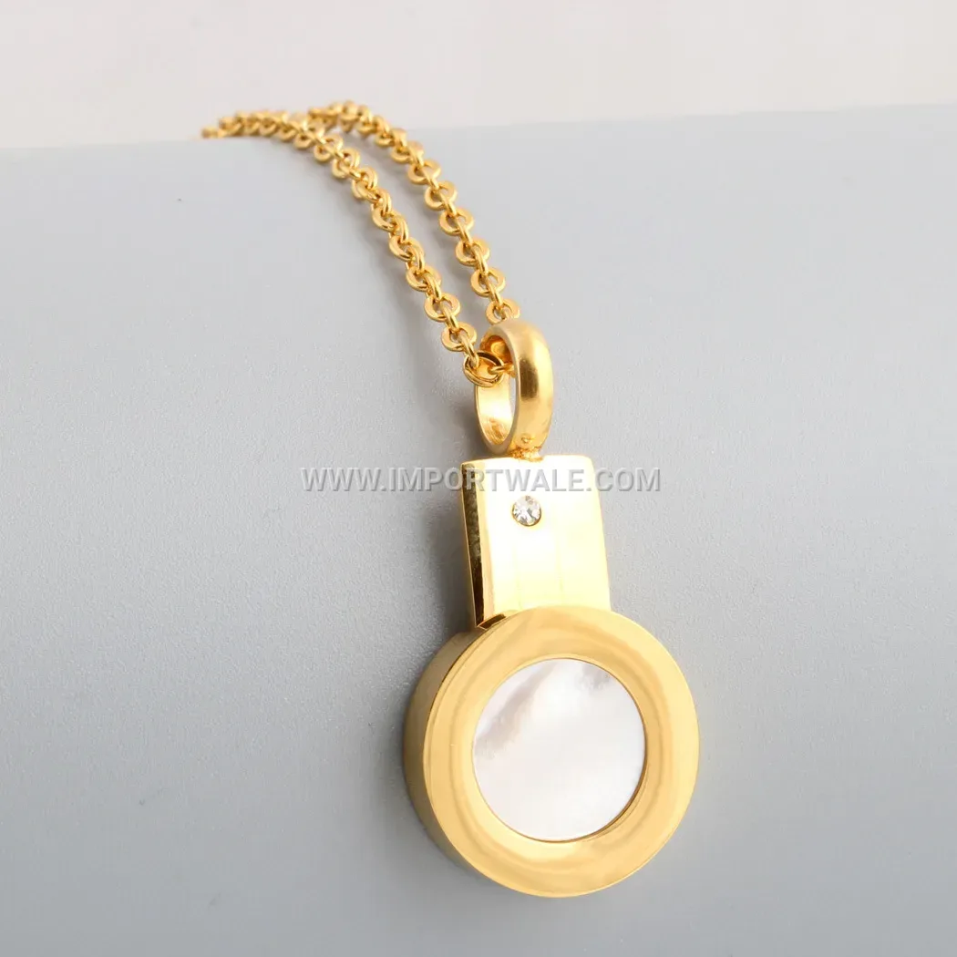 Gold Stainless Steel Shell Inlaid Circular Pendant Necklace
