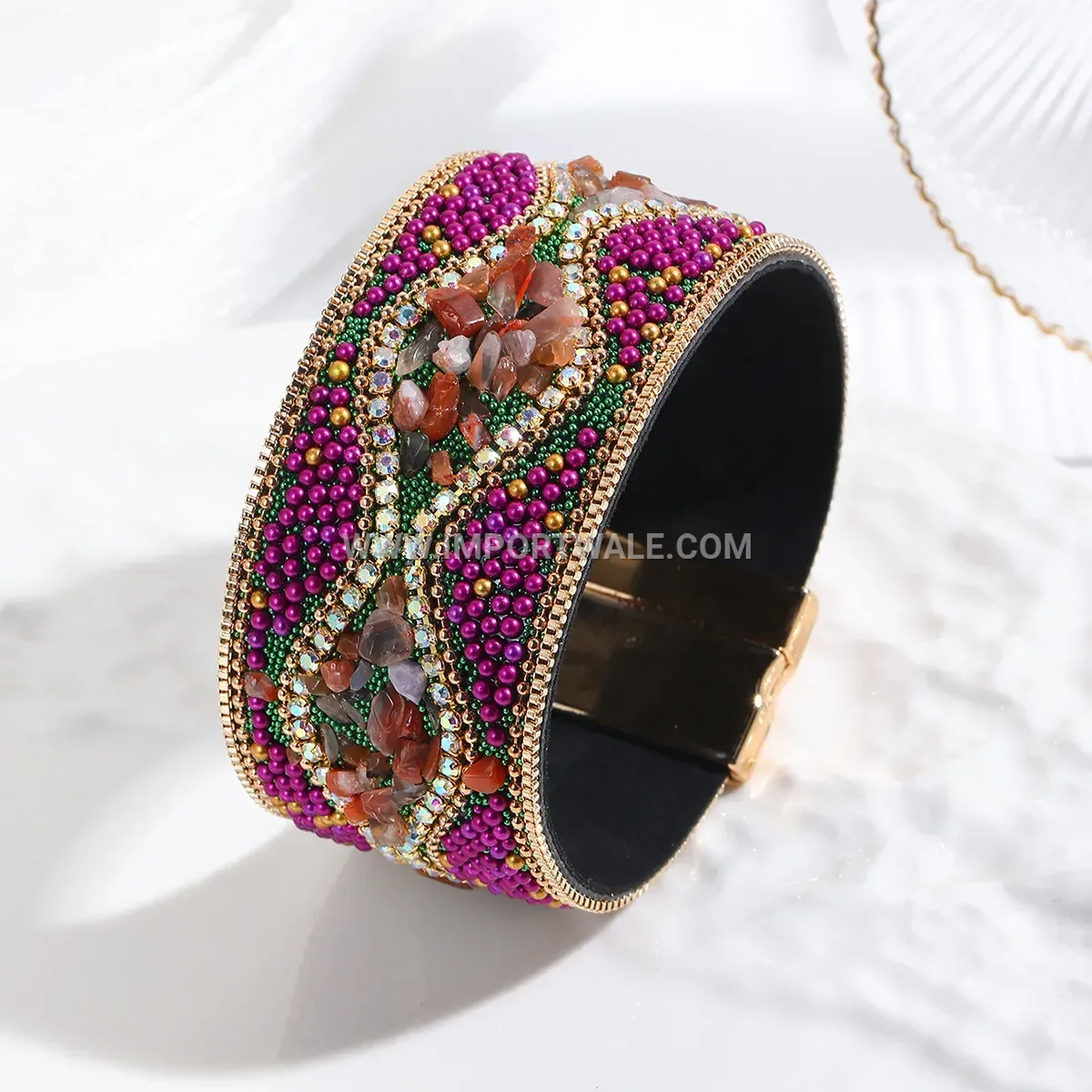 Bohemian Leather Gemstone Wrap Cuff with Stainless Steel Clasp