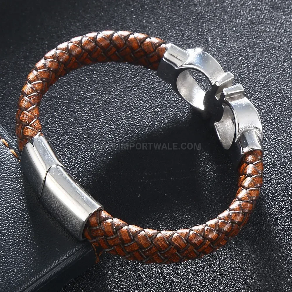 Braided Brown Leather Wristband with Stainless Steel Accents