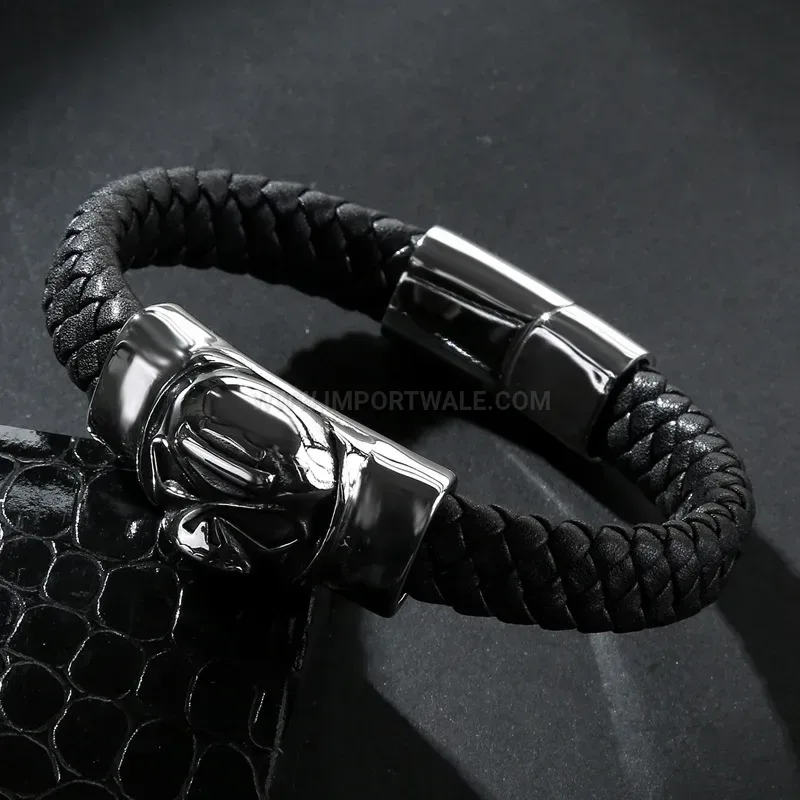 Bold Men's Stainless Steel Skull Accent Leather Bracelet