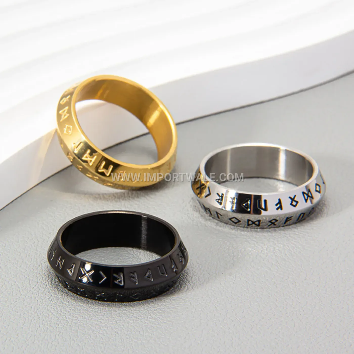 Viking Rune Stainless Steel Band Ring with Beveled Edge
