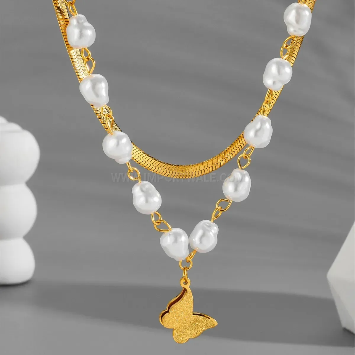 Chic Gold Titanium Steel Layered Pearl Butterfly Pendant Necklace