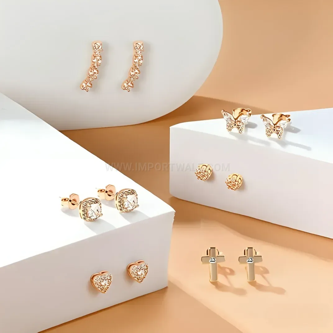 Multi Style Rhinestone Heart Butterfly Cross Stainless Steel Piercing Earring Set