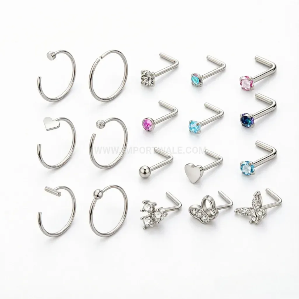 Bold Stainless Steel L Shaped Zirconia Nose Ring Set