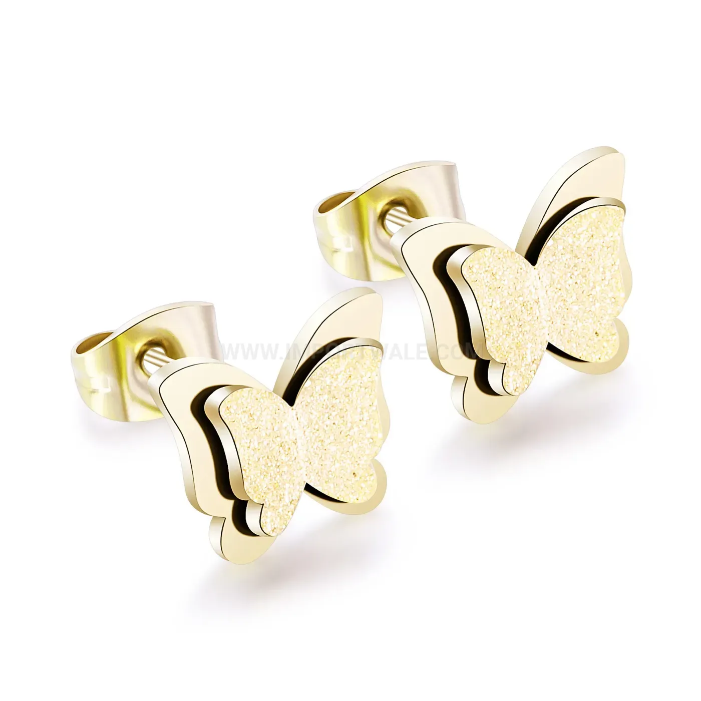 Trendy Double-Layer Frosted Butterfly Titanium Stainless Steel Stud Earrings