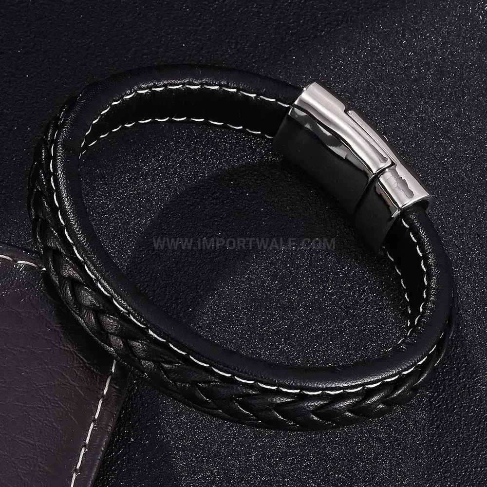 Braided Black Leather Owl Charm Bracelet with Stainless Steel Hardware