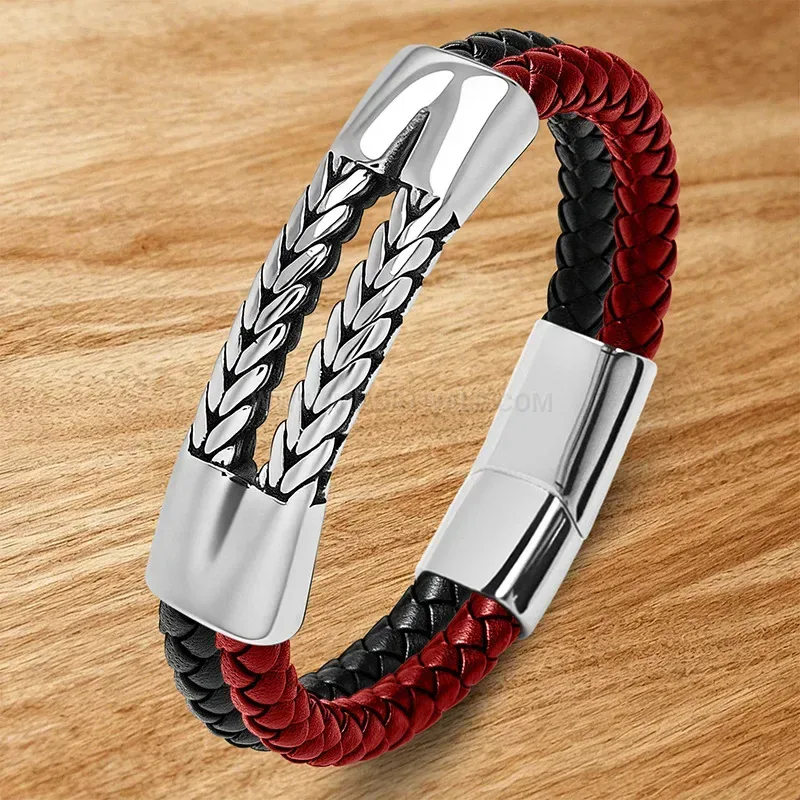 Designer Engraved Wheat Pattern Stainless Steel Dual Tone Leather Men's Bracelet