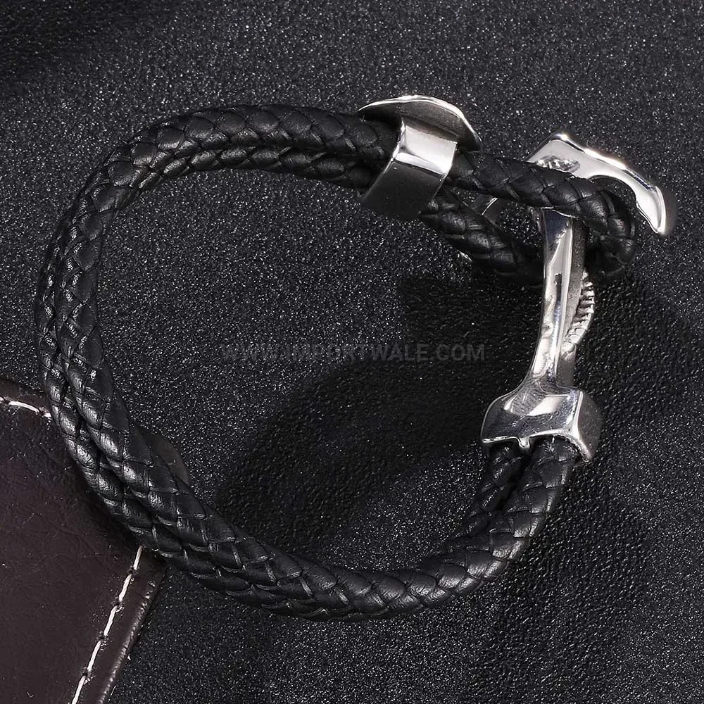 Double Wrap Leather Anchor Bracelet in Stainless Steel