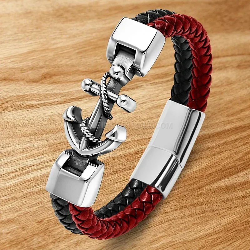 Trendy Anchor Motif Braided Rope Leather Stainless Steel Men's Bracelet