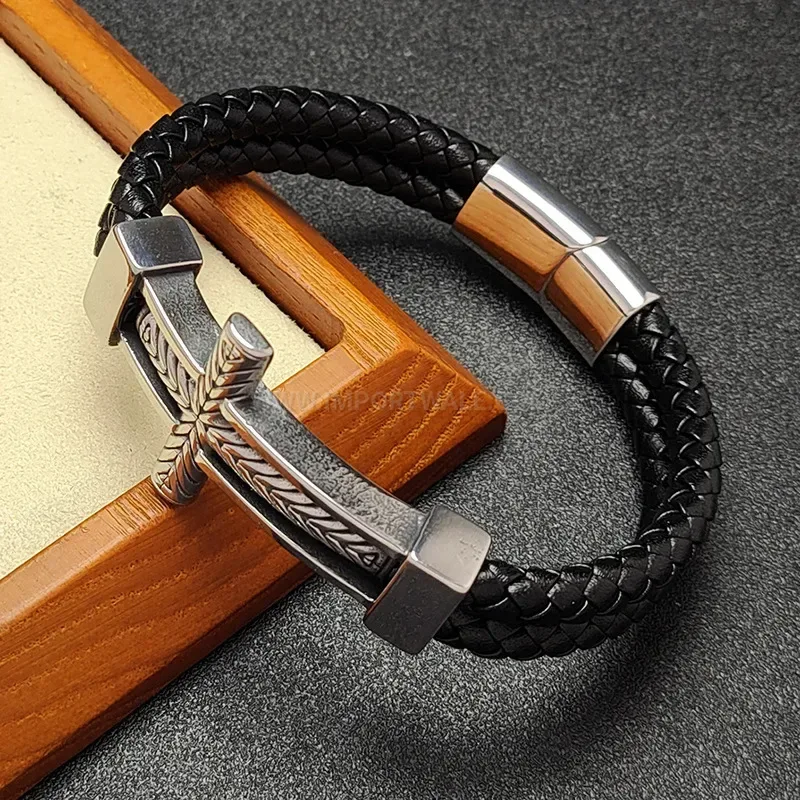 Elegant Cross Detail Two-Tone Woven Leather Men's Bracelet