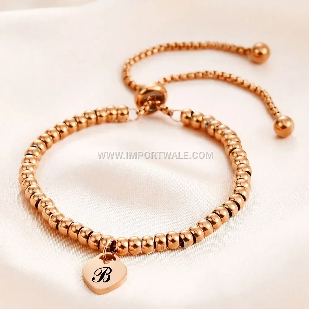 Rose Gold Stainless Steel Bead Initial Charm Bracelet