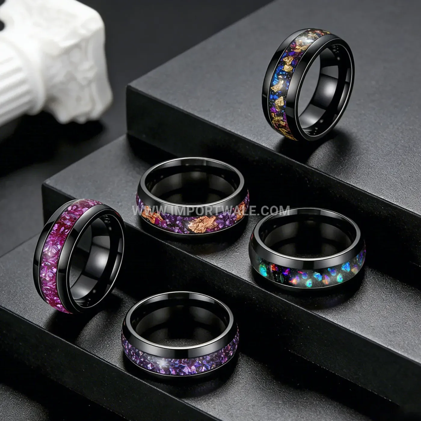 Starry Purple Amethyst Stainless Steel Band Ring Set
