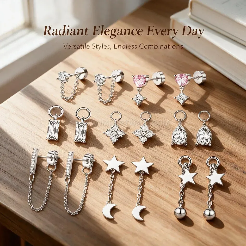 Modern Delicate Stainless Steel Long Chain Dangle Cartilage Piercing Studs