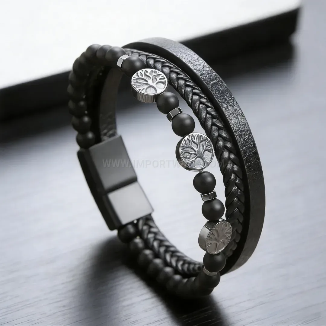 Elegant Tree of Life Natural Stone Beaded Leather Magnetic Bracelet