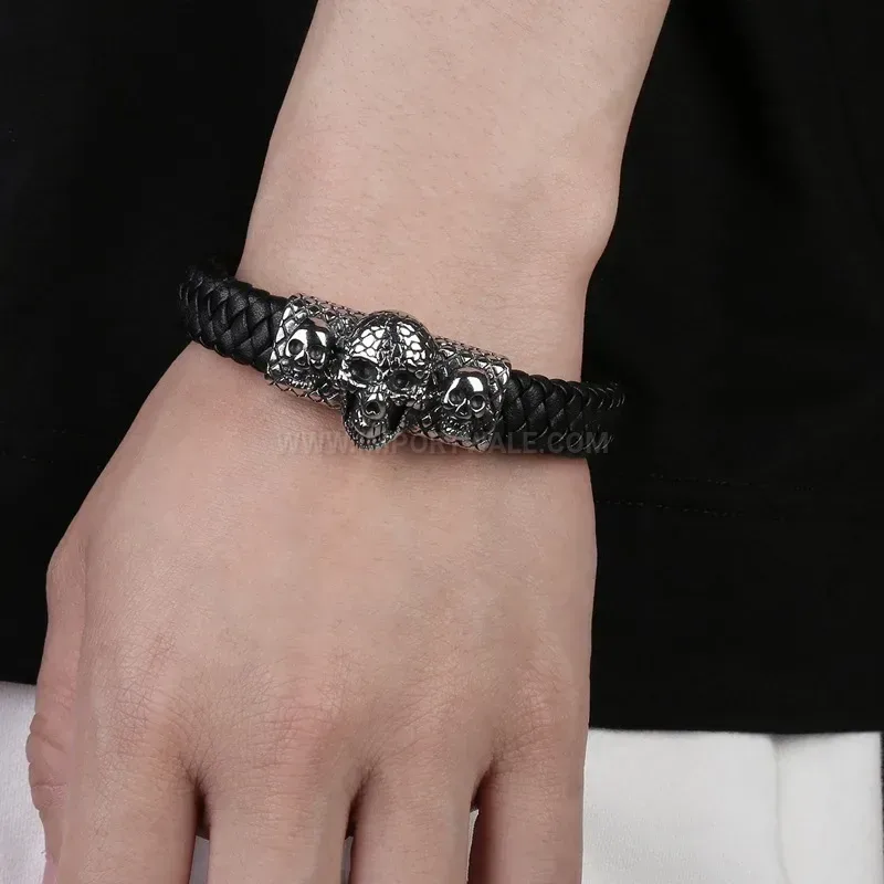 Fashion Bold Stainless Steel Skull Leather Men's Bracelet