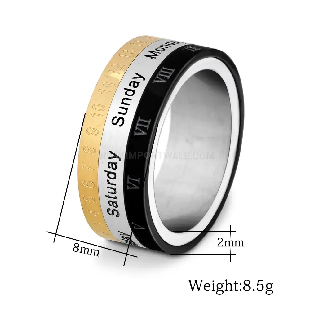 Classic Tri Color Roman Numeral Spinner Stainless Steel Ring