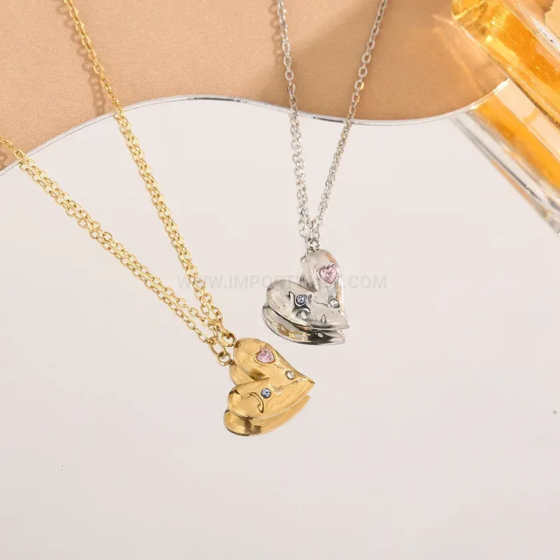 Chic Titanium Steel Colorful Cubic Zirconia Heart Pendant Necklace