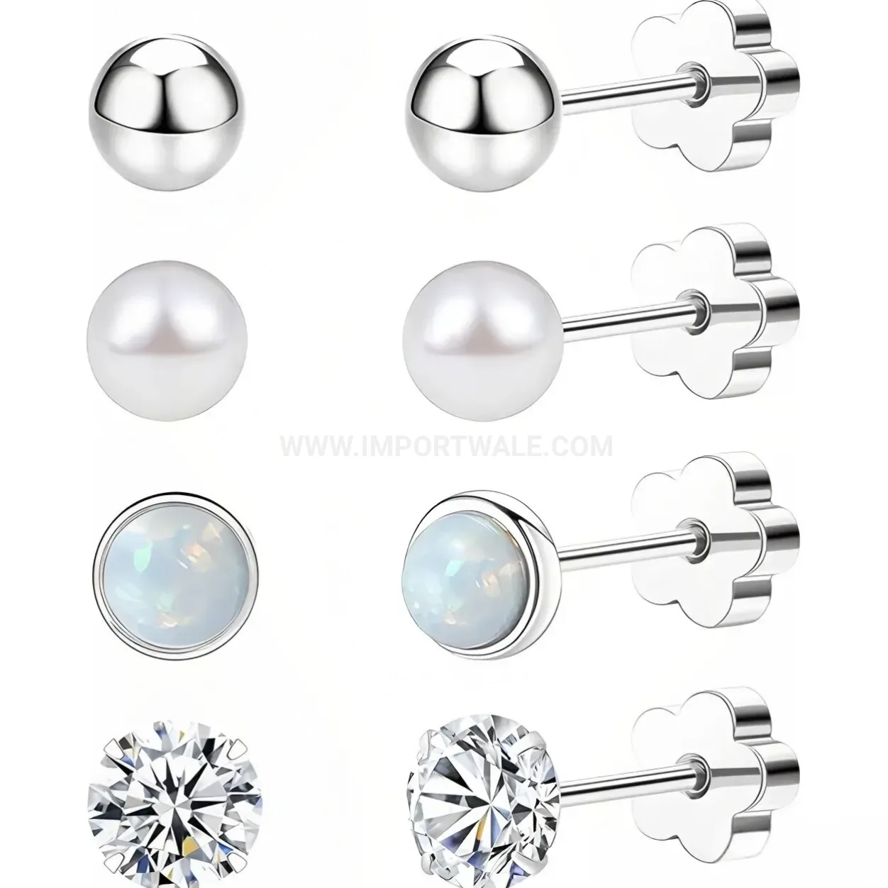 Stylish Four Leaf Clover Pearl Zirconia Screw Back Stainless Steel Piercing Set