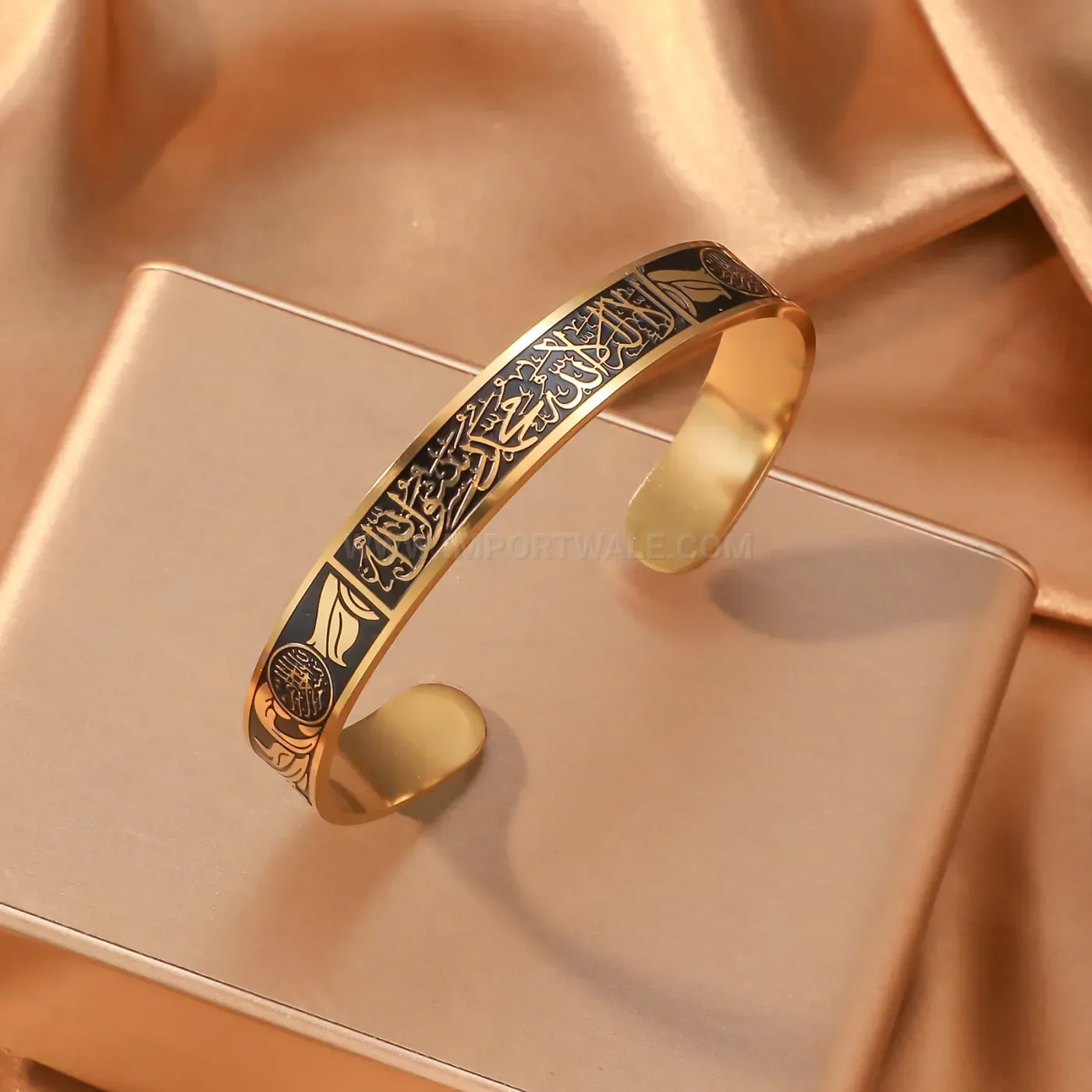 Stainless Steel Ayat Al Kursi Black Enamel Islamic Cuff Bangle