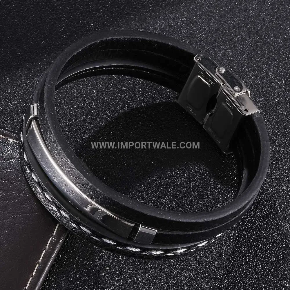Minimalist Stainless Steel Leather Accent Men Bangle Bracelet