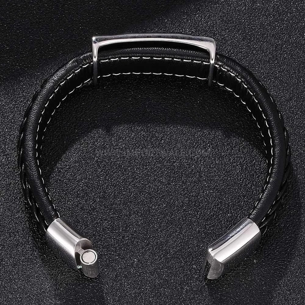 Modern Braided Black Leather Bracelet with Stainless Steel Anchor Magnetic Clasp